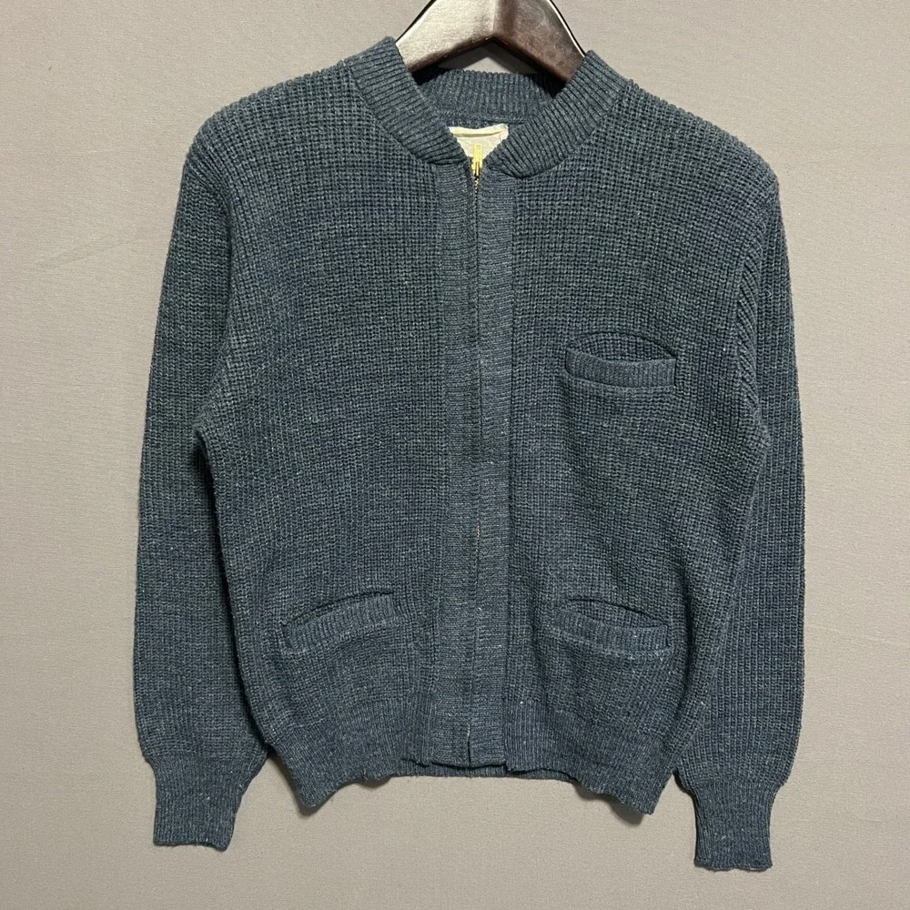 Vintage 70s USPS Mail Man Letter Boy Cardigan Sweater Blue Zip Front Talon M L